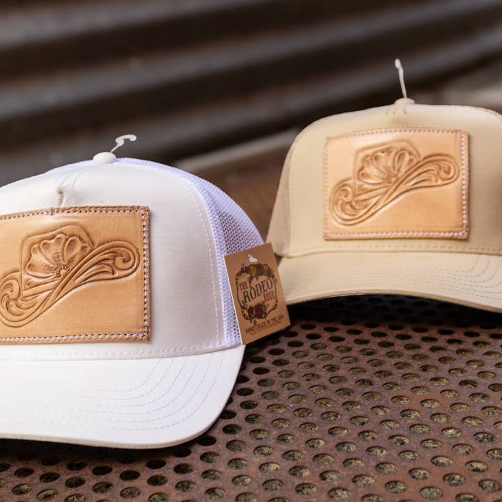 Tooled Cowboy Hat Leather Patch Mid Profile Trucker Cap for wholesale by The Rodeo Rose