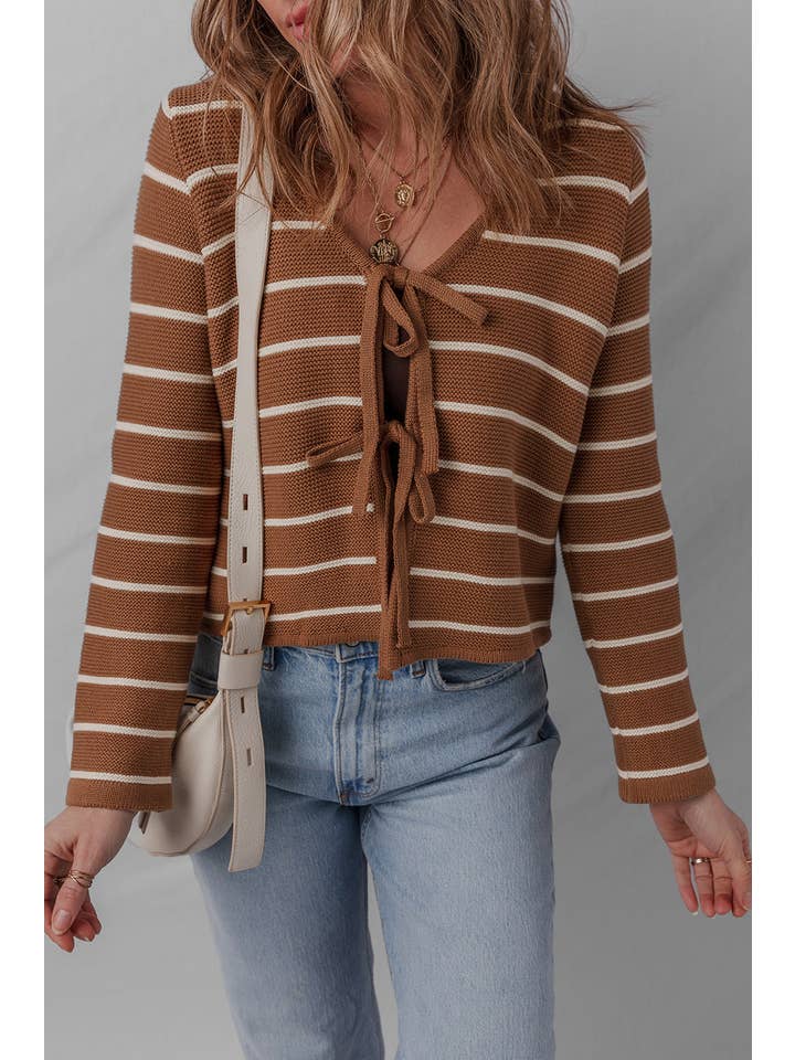 Chestnut Stripe Tie-Front V-Neck Cardigan Sweater for wholesale on Faire4