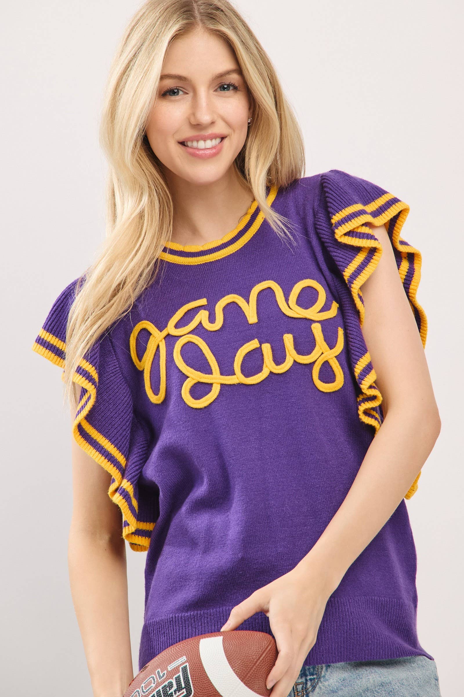 Sewn and Seen - Vente Haut en maille – femme - Haut en maille de jour de match à manches volantées style universitaire37