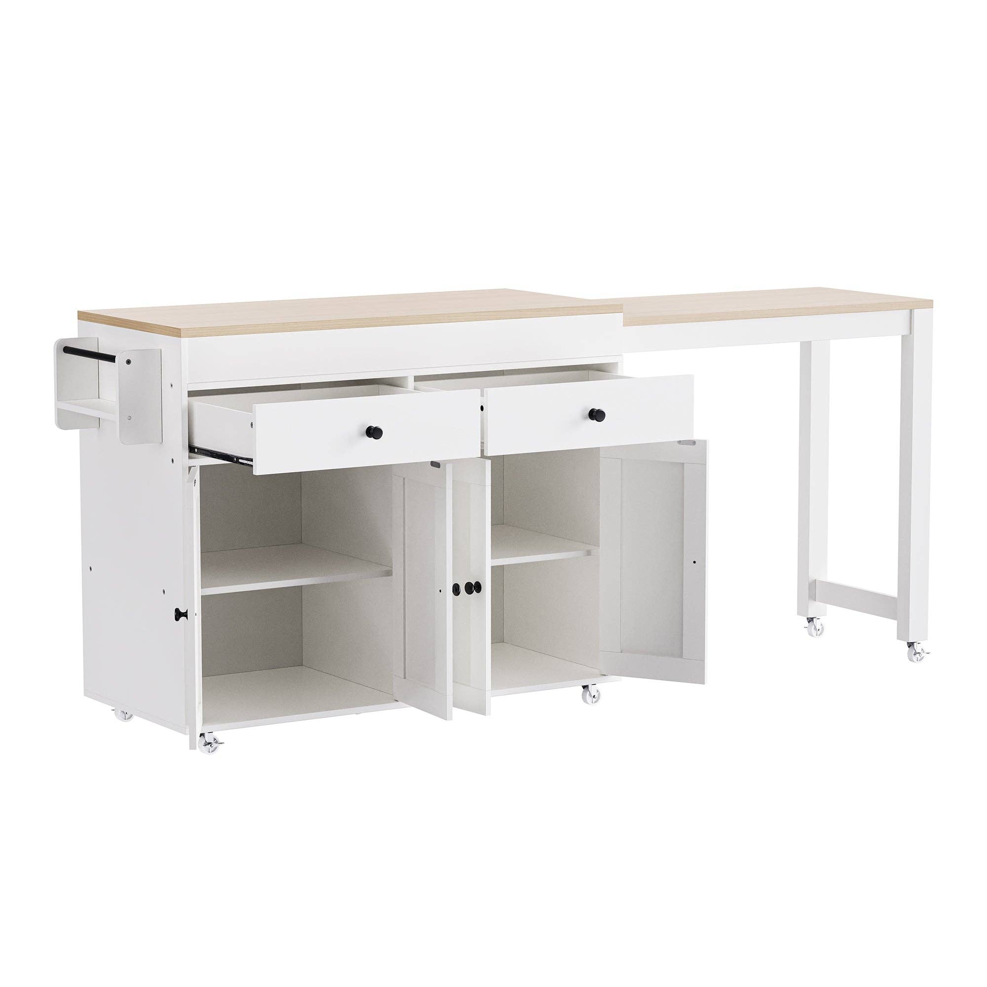 HOMYCASA DESIGN INC - Wholesale Kitchen Storage/Organizer - K&K 74.5 inch Kitchen Island with Extendable Dining Table , Rolling Kitchen Island on Wheels with Spice Rack and 2 Drawers,  Kitchen Storage Cart with 4 Door Cabinet, for Kitchen, Dining Room, White18