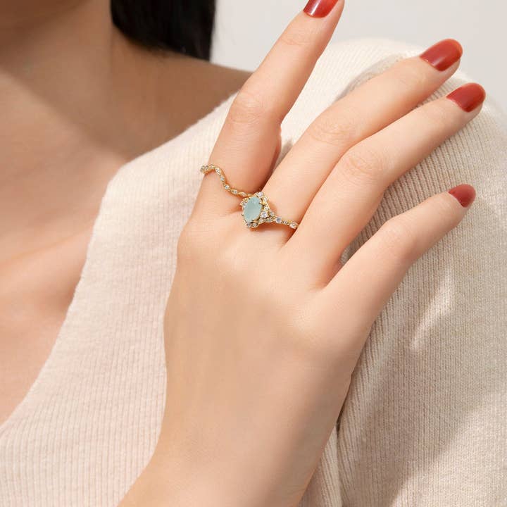 Dissoo® Oval Halo Amazonite Bridal Set with Curved Versailles Moissanite Ring for wholesale by Dissoo