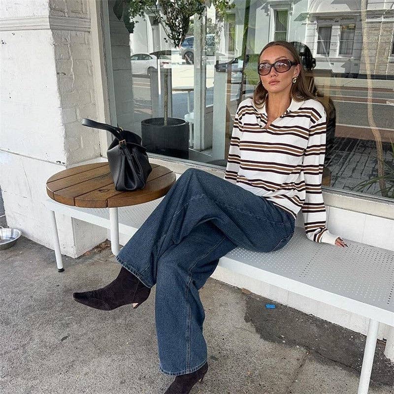 Color Block Striped Polo Collar Long Sleeve T-Shirt for wholesale on Faire2