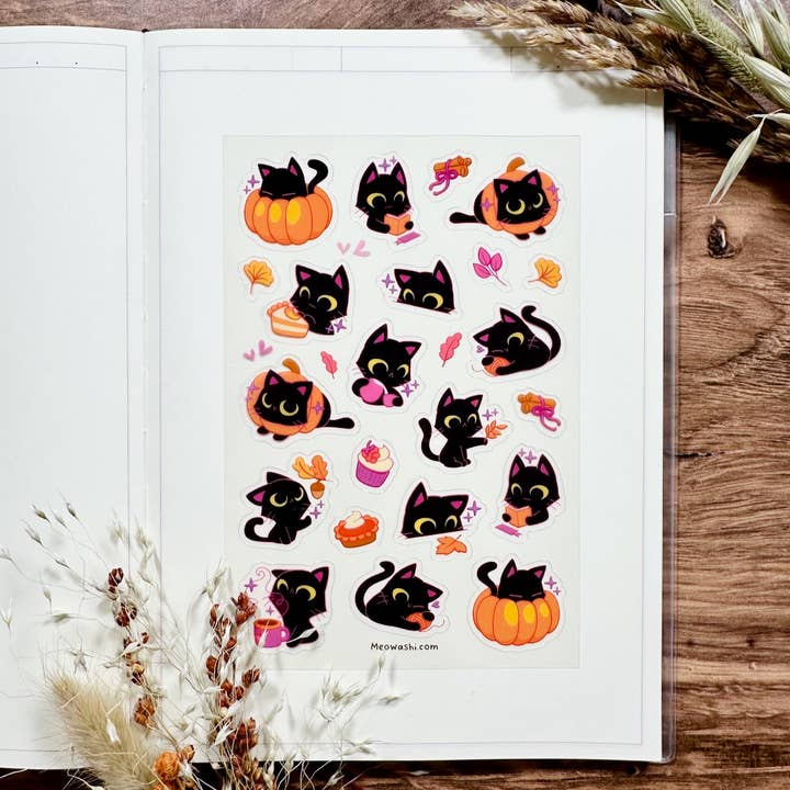 Meowashi Studio - Wholesale Sticker - Black Cat and Pumpkin Clear Sticker Sheet1