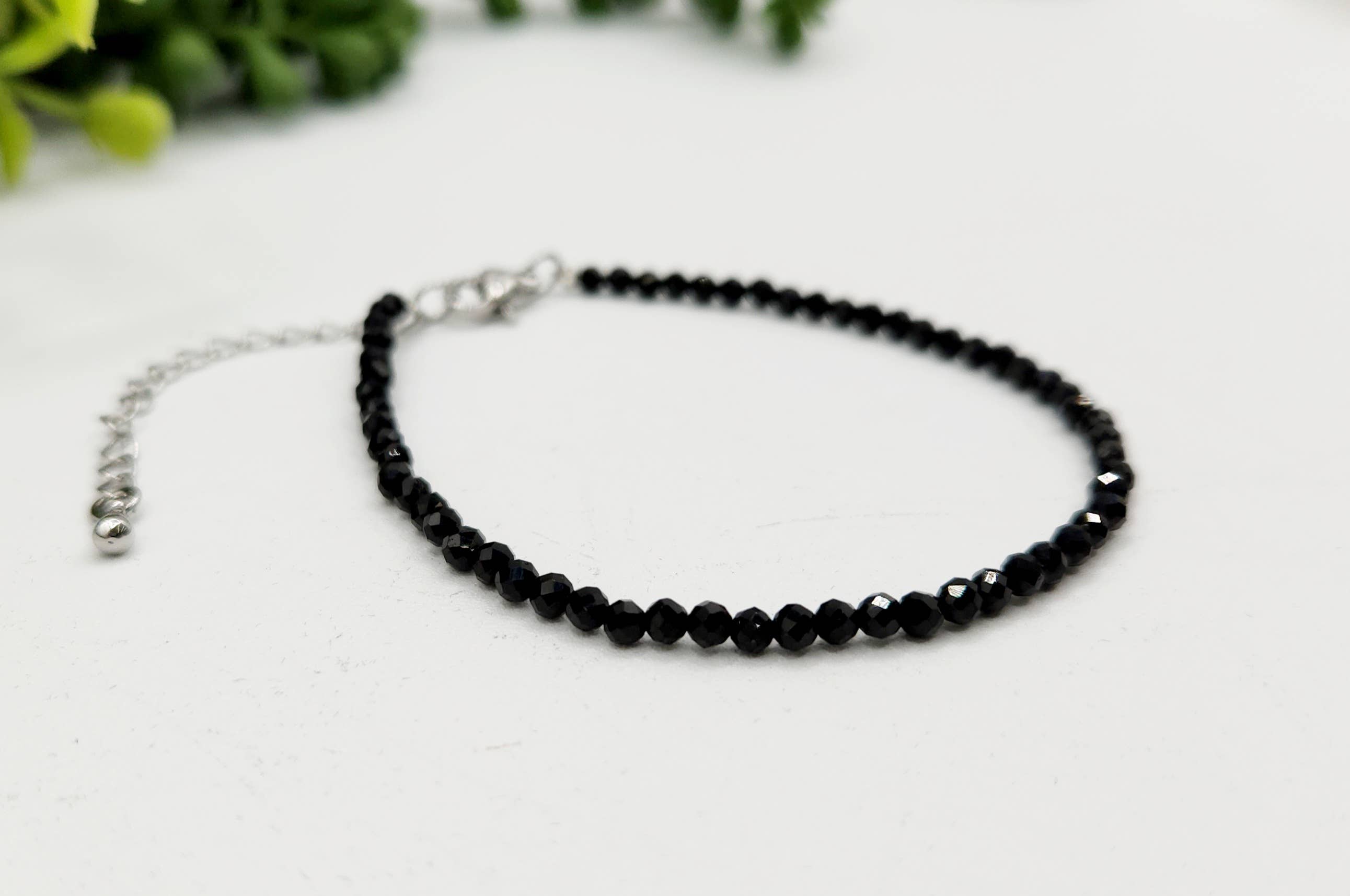 Meraki Gemstones - Wholesale Beaded Bracelet - Black Spinel Bracelet Faceted 3MM w/Silver Color Clasp3