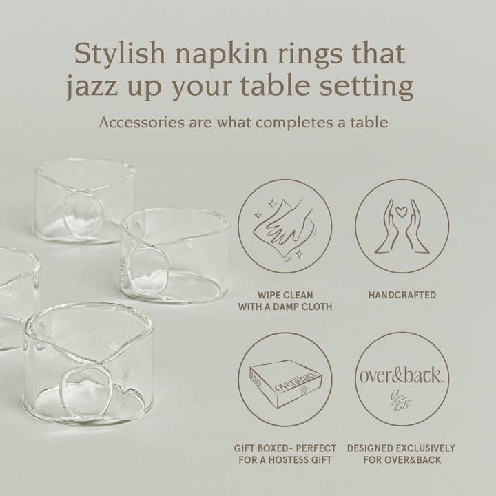 Clear Over&back Set of 4 Wide Hand-Shaped Glass Napkin Rings for wholesale on Faire