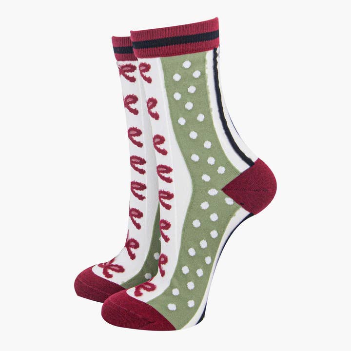 Sock Talk - Wholesale Socks – Women's - Women's Sheer Ankle Socks- Green/Red, Stripe & Bow1