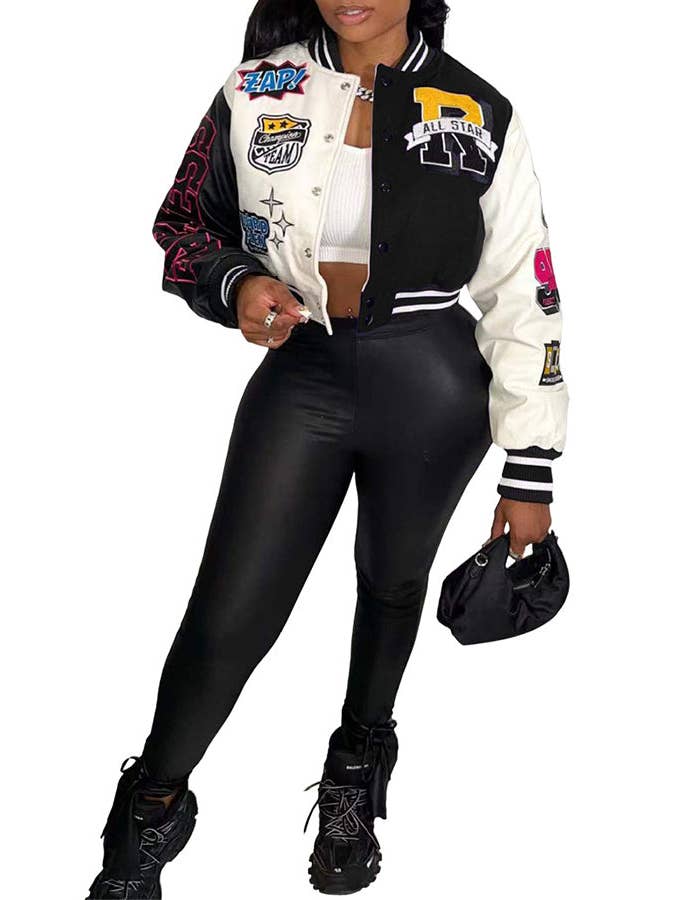 MB Fashion Wholesale - Wholesale Varsity/Baseball Jacket - Women's - MB FASHION CROPPED PRINTED BASEBALL JACKET 8123LY