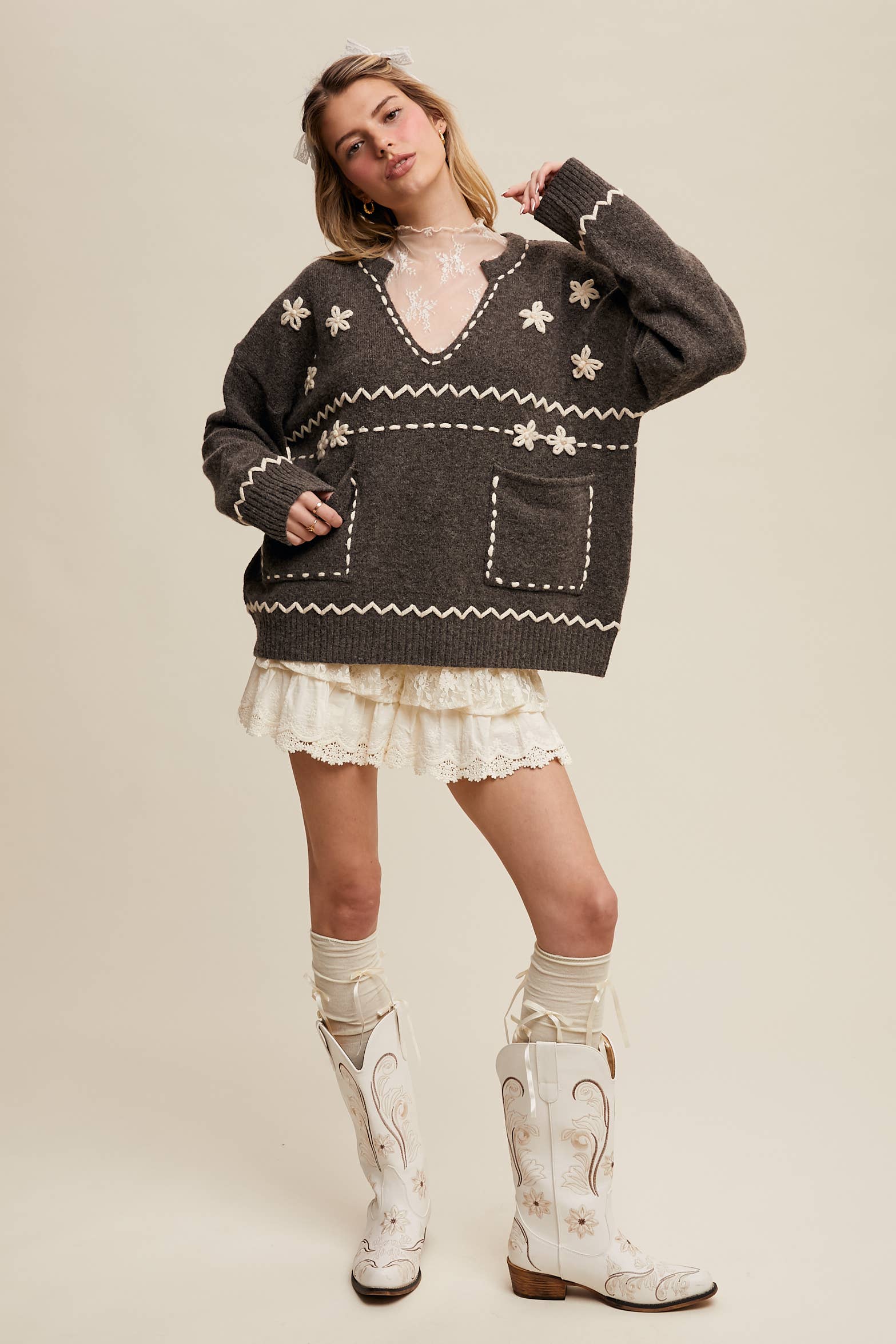 Listicle – wholesale Knitted jumper – Women′s – Floral Embroidered Knit Sweater LSW097816