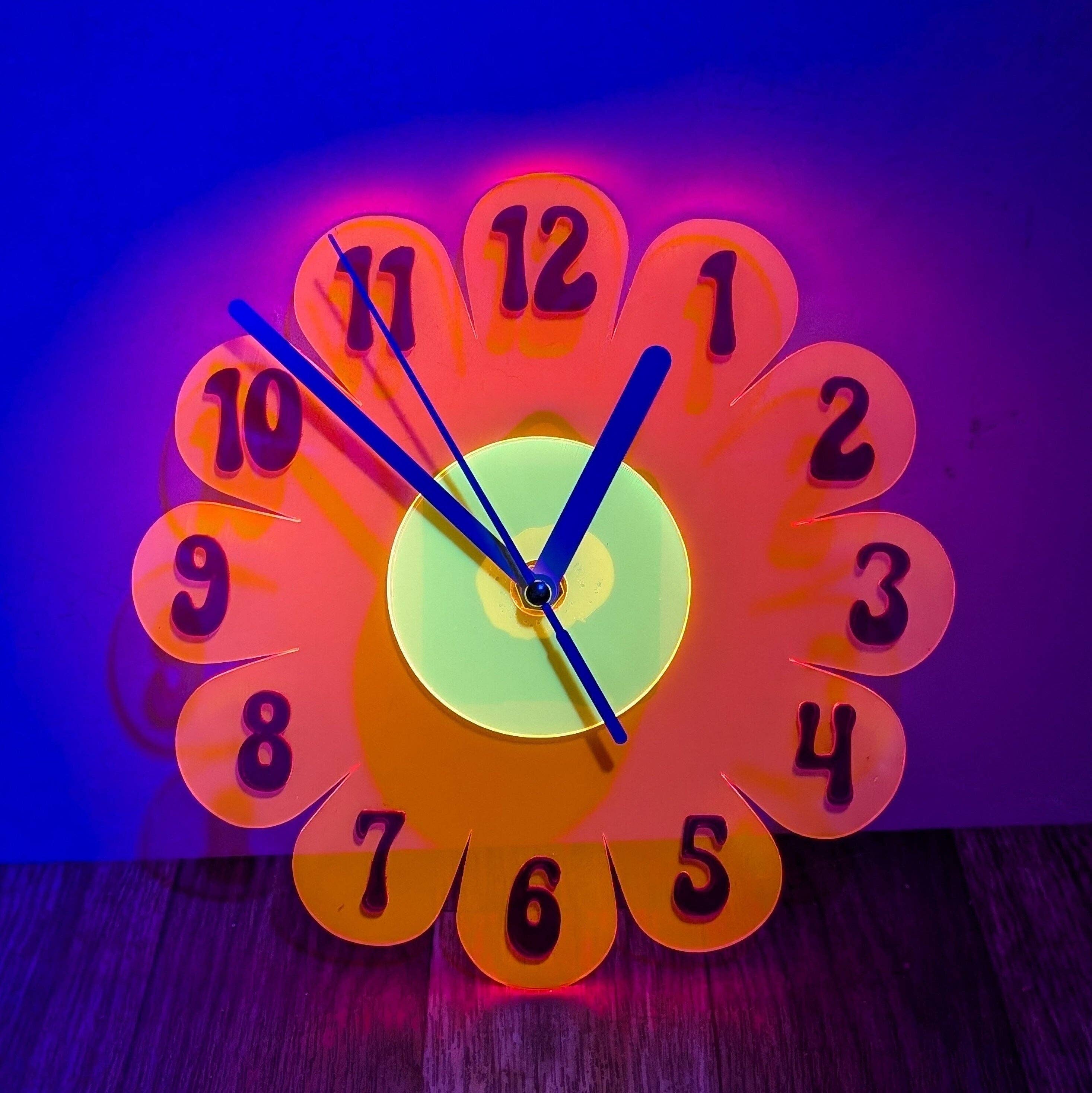 Shelfish Modern – wholesale Wall clock – Mini Blacklight UV Retro Vintage 1970s Inspired Daisy Wall Clock - Funky Wall Clock - Retro Clock- Mini Clock - Kitchen Clock Hot Pink Clock3