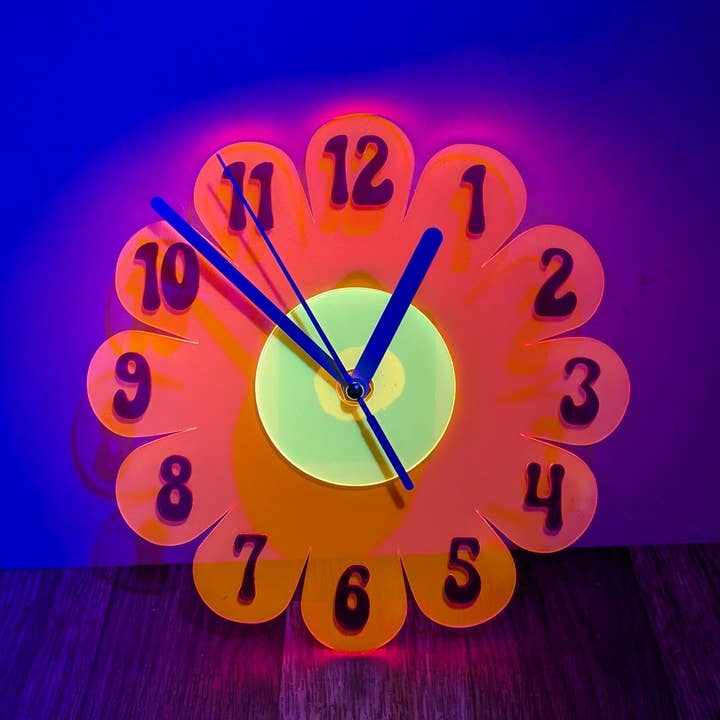 Shelfish Modern – wholesale Wall clock – Mini Blacklight UV Retro Vintage 1970s Inspired Daisy Wall Clock - Funky Wall Clock - Retro Clock- Mini Clock - Kitchen Clock Hot Pink Clock3