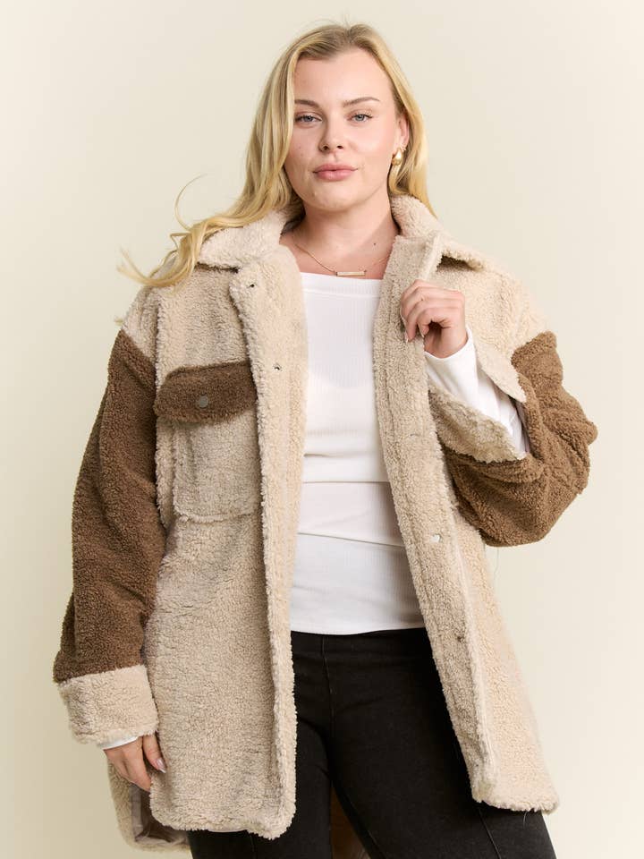 JADE BY JANE PLUS - Wholesale Shirt Jacket/Shacket - Women’s - Colorblock Sherpa Jaket (Plus size)0