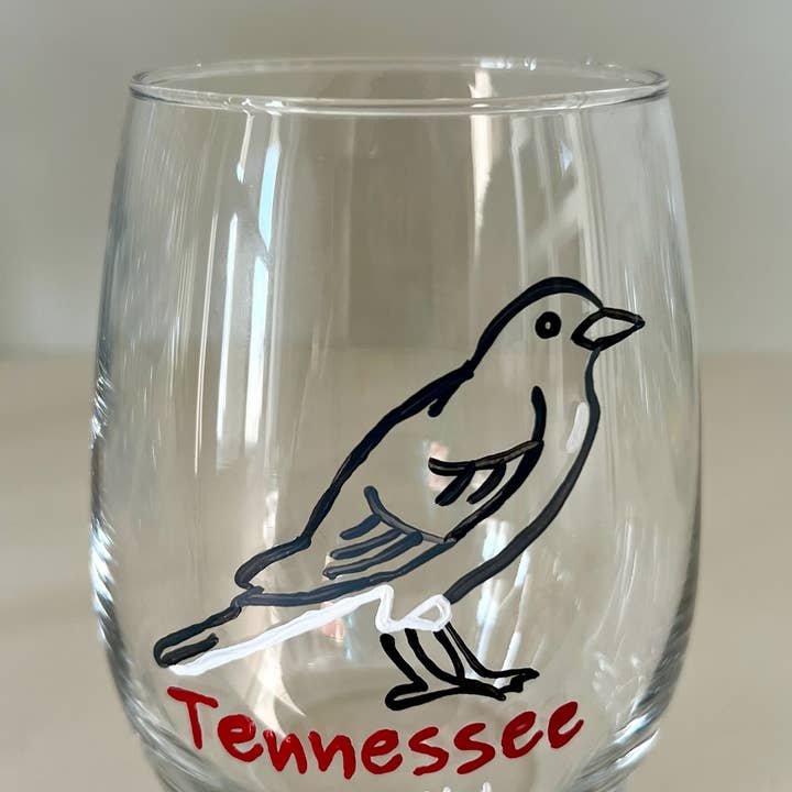 Hand Painted Glass, Co - Wholesale Wine Glass - Tennessee Mockingbird Stemless Wine Glass – 20 oz1