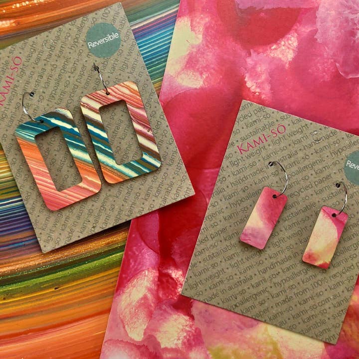 Reversible Rectangle Recycled Paper Earrings - Multicolour Swipe / Rose Gold for wholesale by Kami-so