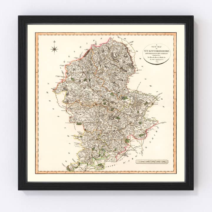 Vintage Map of Staffordshire County England, 1807 for wholesale by Ted's Vintage Art