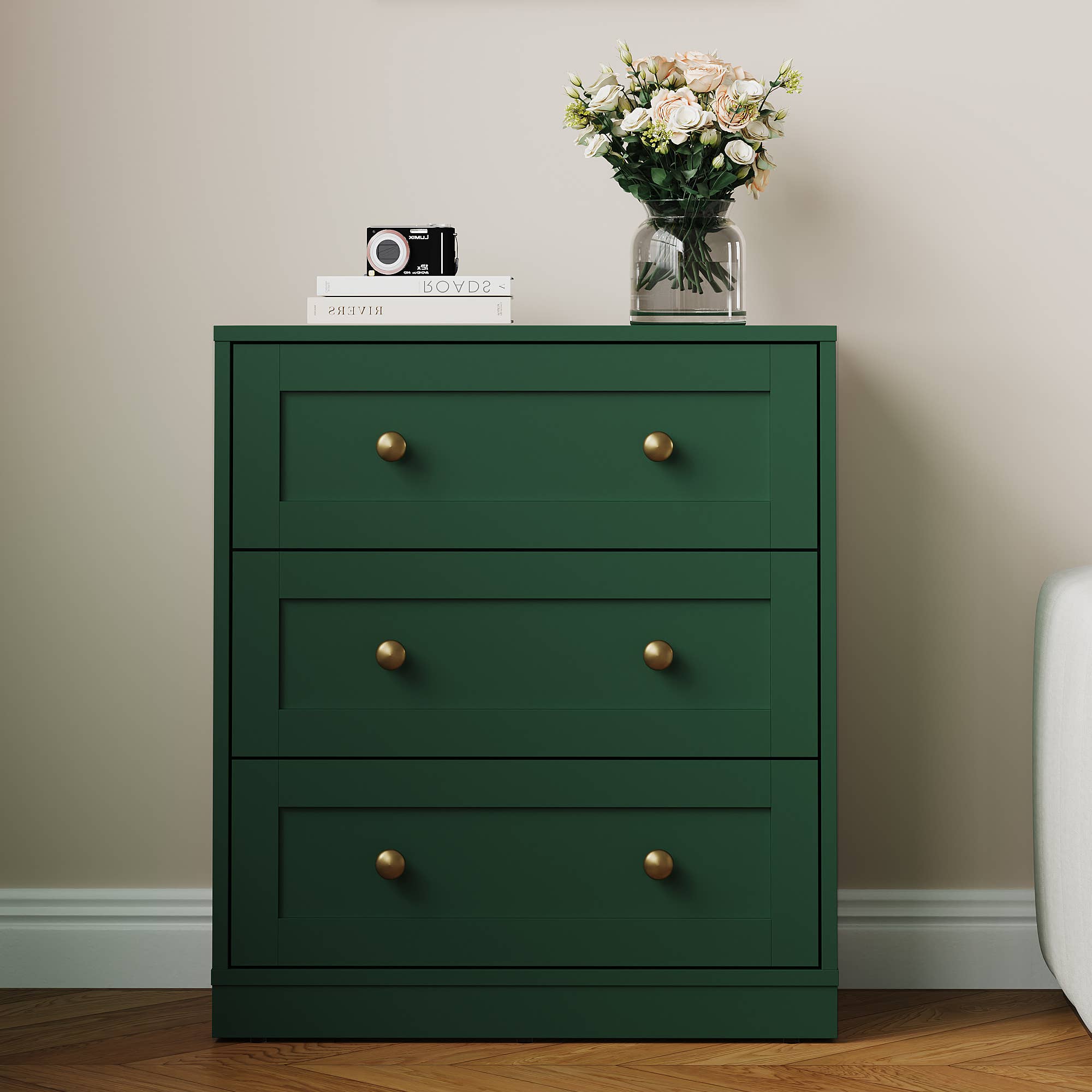 Heynemo - Vente Armoire - Table de chevet à 3 tiroirs, grande table de chevet avec rond doré27