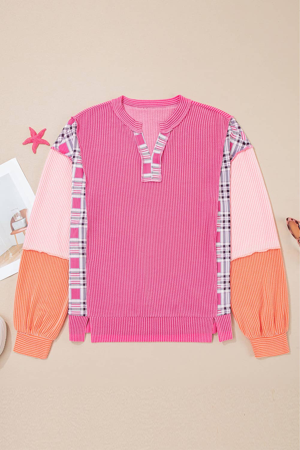 66DISCO - Wholesale Knit Top - Women's - Plaid Colorblock Corded Patchwork Split Neck Top (S-4X)6