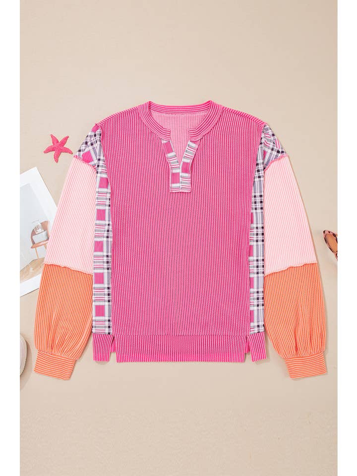 66DISCO - Wholesale Knit Top - Women's - Plaid Colorblock Corded Patchwork Split Neck Top (S-4X)6