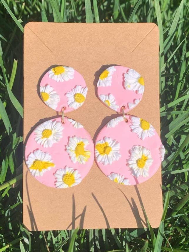 Pink Daisy Earrings for wholesale by Polymearrings Jewelry Co.