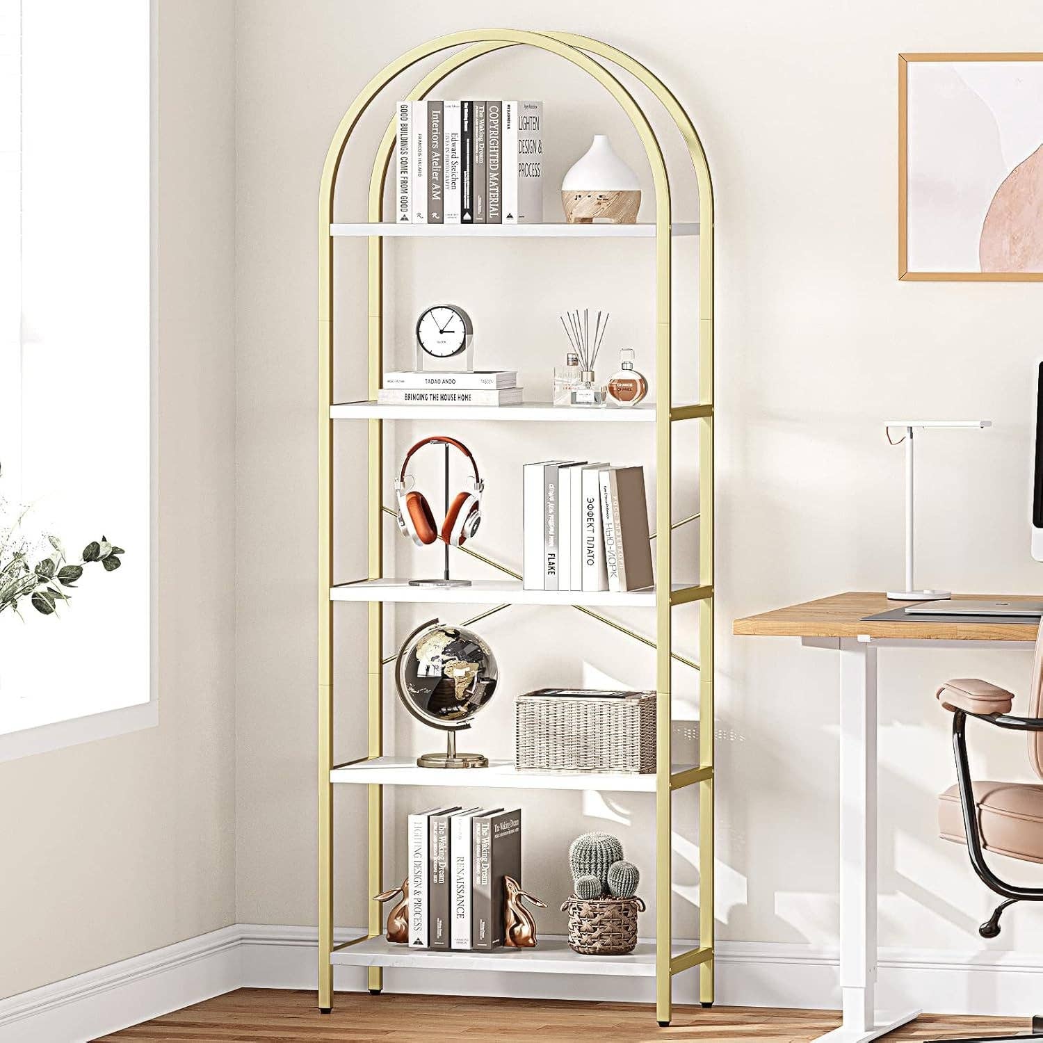 5 Tier Bookshelf Arched Display White Gold Metal Frame Bookcase for wholesale on Faire8
