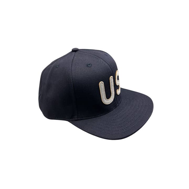 Navy 6 panel cap with US logo for wholesale on Faire