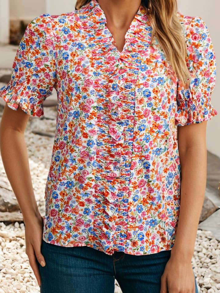 LDC Floral Printed Ruffle Shift Stand Neck Short Sleeve Top for wholesale by Little Daisy Closet