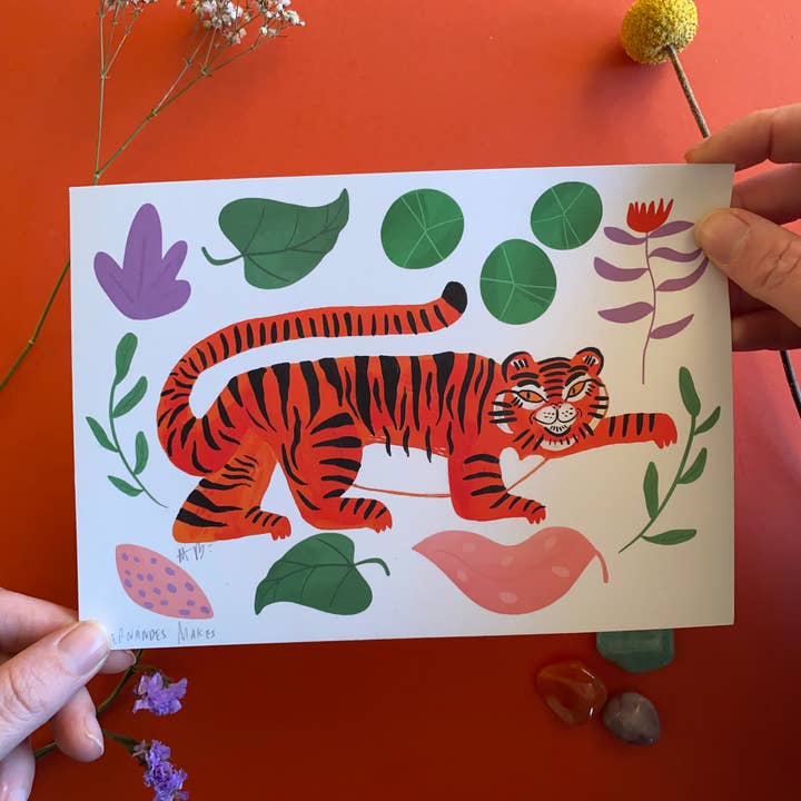 Happy Sneaking Tiger leafy hand painted Art Print for wholesale by Fernandes Makes