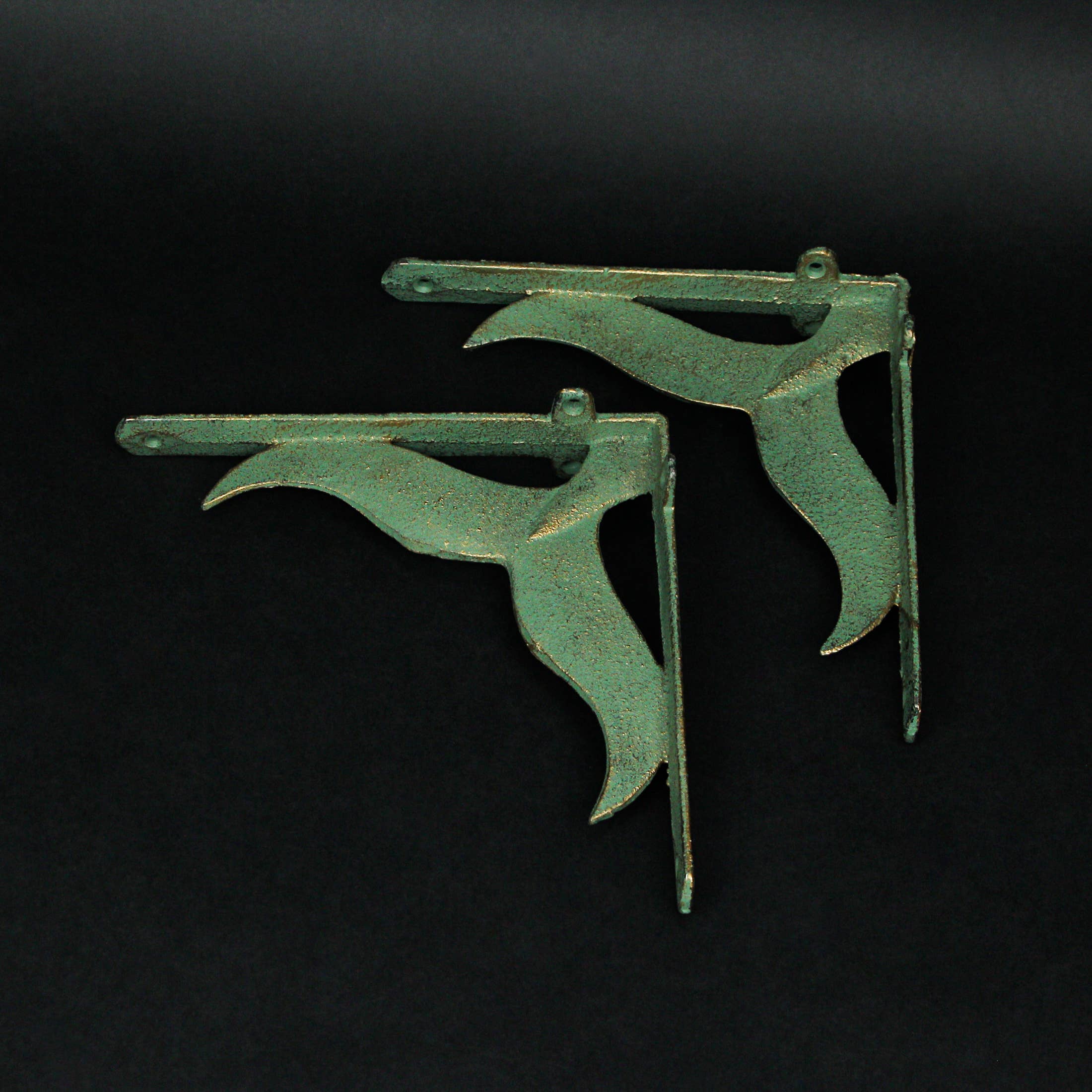 Zeckos - Wholesale Wall Mounted Shelf - Set of 2 Cast Iron Verdigris Whale Tail Wall Bracket Deco2