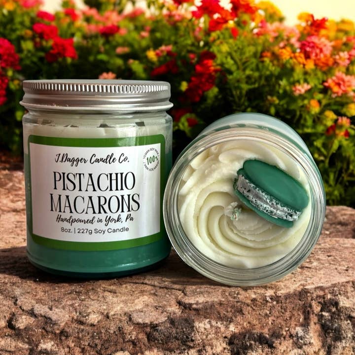 8oz. Pistachio Macaron Soy Dessert Candle for wholesale by J Dagger Candle Co.