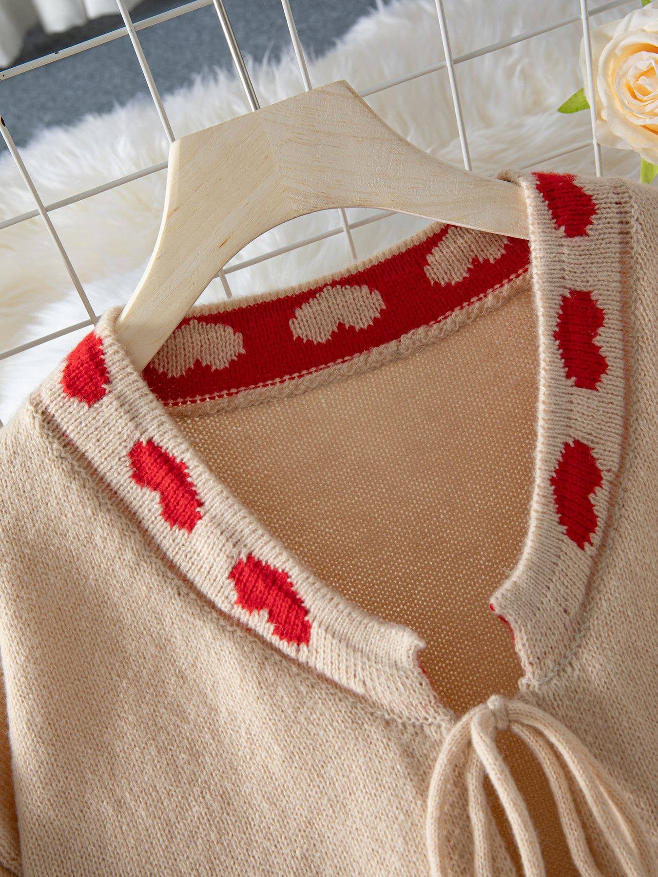 sand Honey Love Red heart pattern tie front knit cardigan sweater for wholesale on Faire2