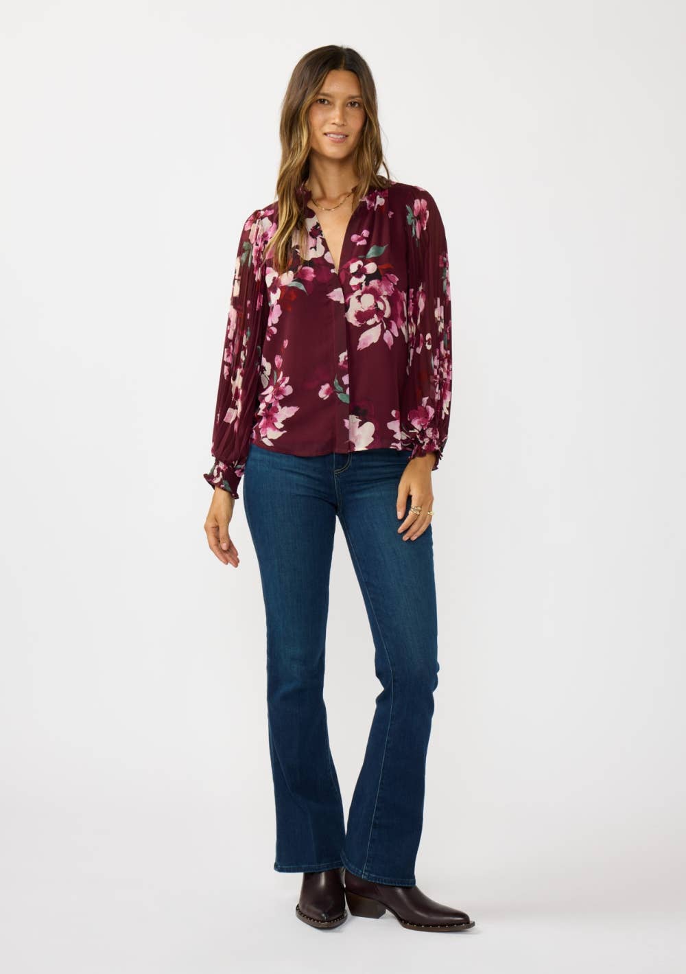 VIN/ROSE POUSSIÉREUX Blouse à boutons florale à manches plissées en vente sur Faire4