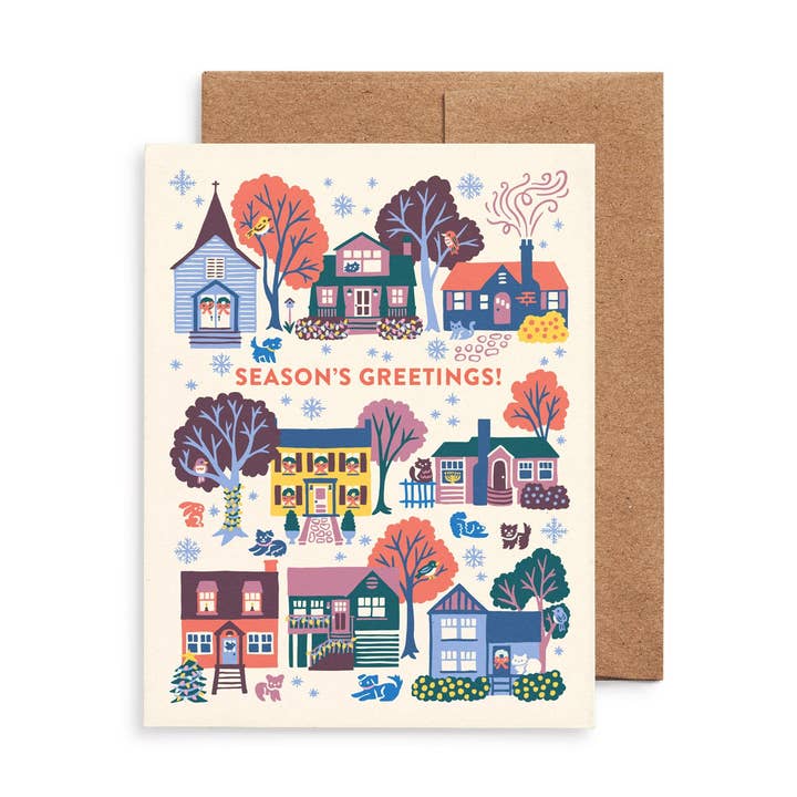 Holiday Houses Greeting Card: Original Christmas Art for wholesale by Nuthatch Studio
