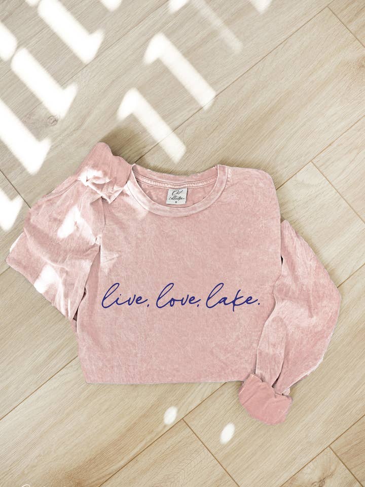 LIVE, LOVE, LAKE Mineral Washed Long Sleeve Graphic for wholesale by OAT COLLECTIVE
