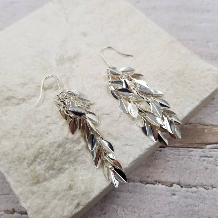 Stacked Silver Leaf Tassel Earrings for wholesale by Treasure Wholesale