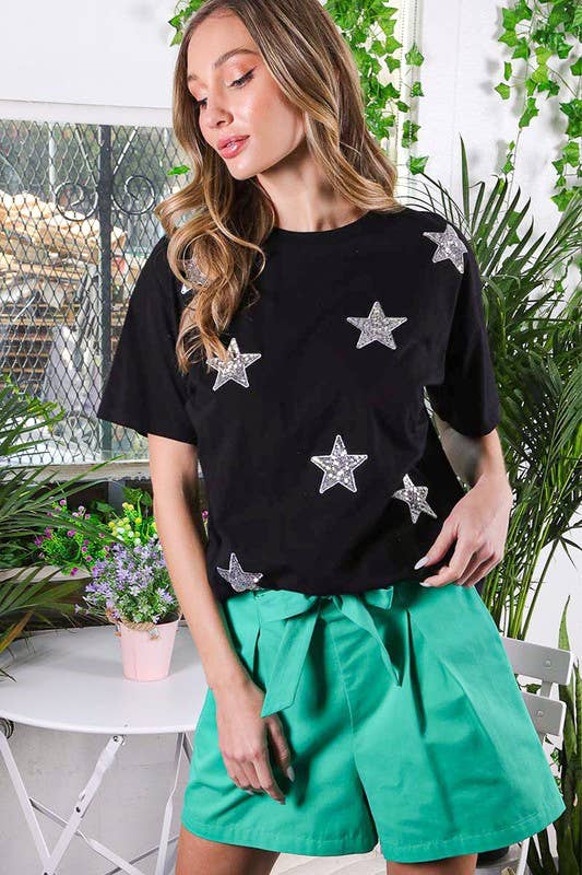 Vine & Love - Wholesale Knit Top - Women's - Star Sequin Crew Neck 100%Cotton Knit Top VT816179