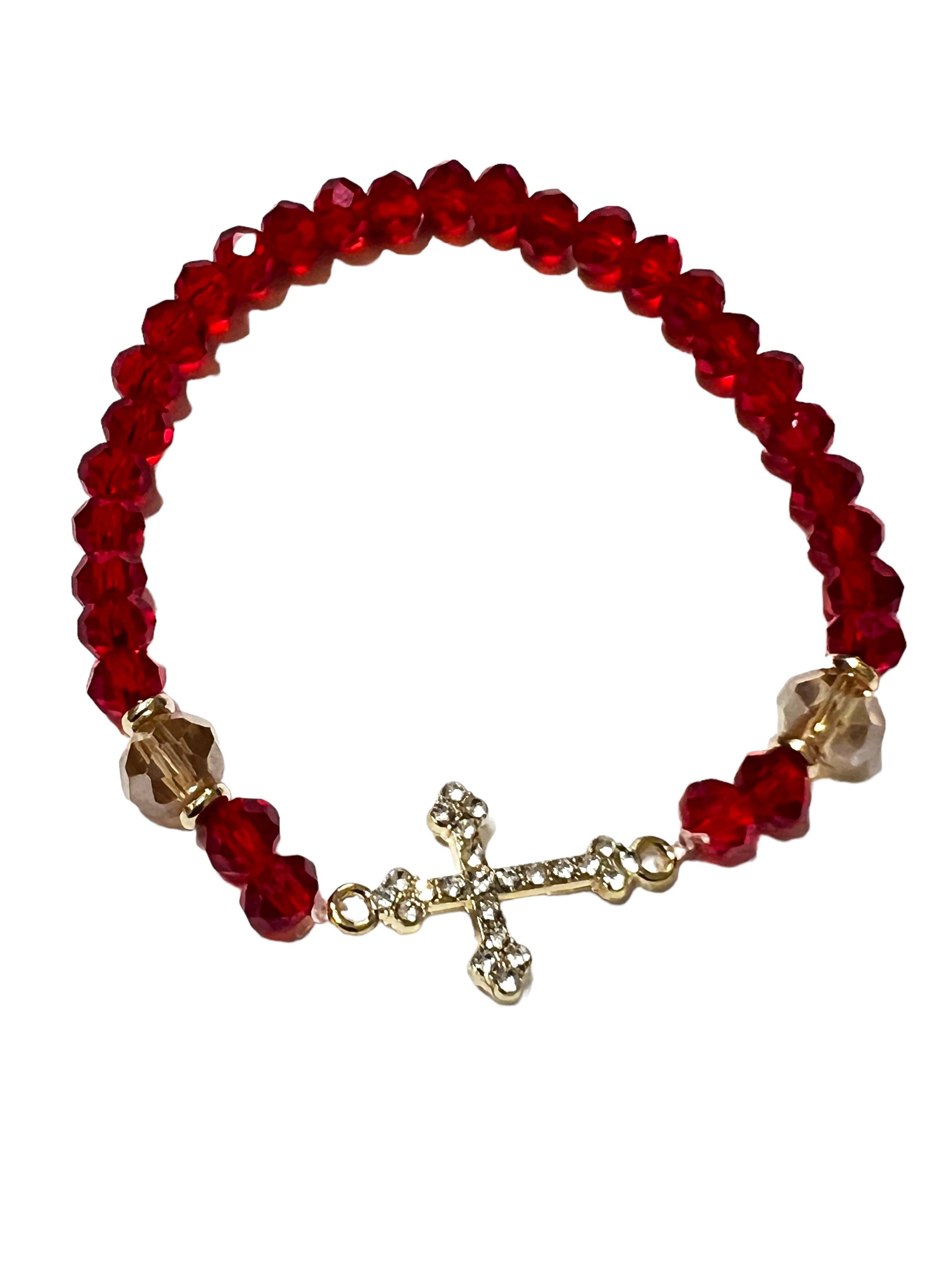 SAN JUDITAS RELIGIOUS ARTICLES - Wholesale Beaded Bracelet - BRACELET: RED GLASS WITH GOLD CROSS