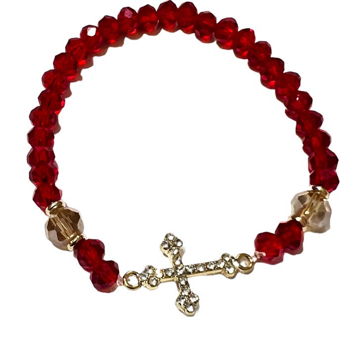 SAN JUDITAS RELIGIOUS ARTICLES - Wholesale Beaded Bracelet - BRACELET: RED GLASS WITH GOLD CROSS0