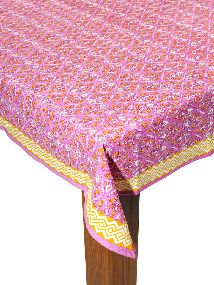 Orchid Luxe Block Print Cotton Tablecloth for wholesale by Tiramisu
