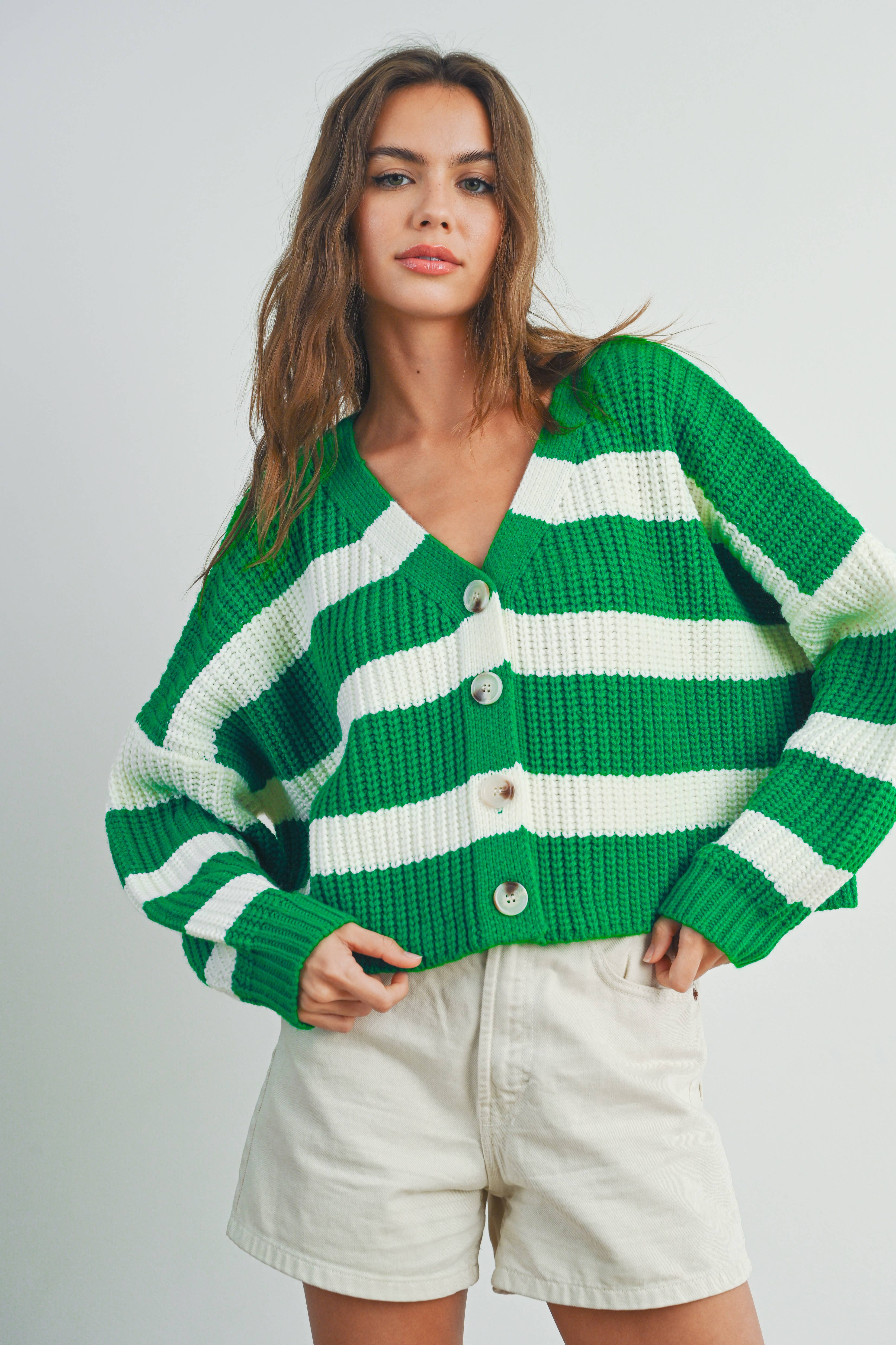 BUTTERMELON – wholesale Cardigan – Women’s – Striped V-Neck Cardigan with Buttons - BMC733119