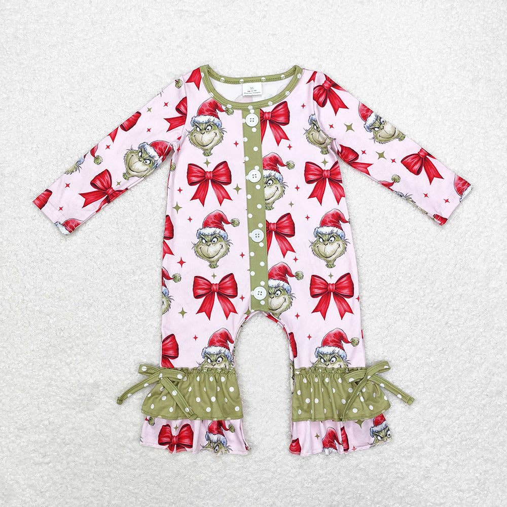Aier Wholesale - Wholesale Jumpsuit - Baby - Baby Infant Girls Christmas Green Face Bows Buttons Rompers0