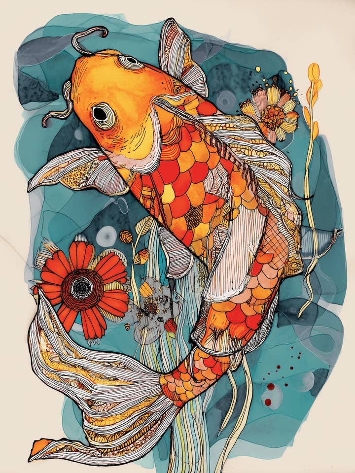 Blandet medie mandarin koi vignette 8"x10" kunsttryk for engroshandel hos Mowbi