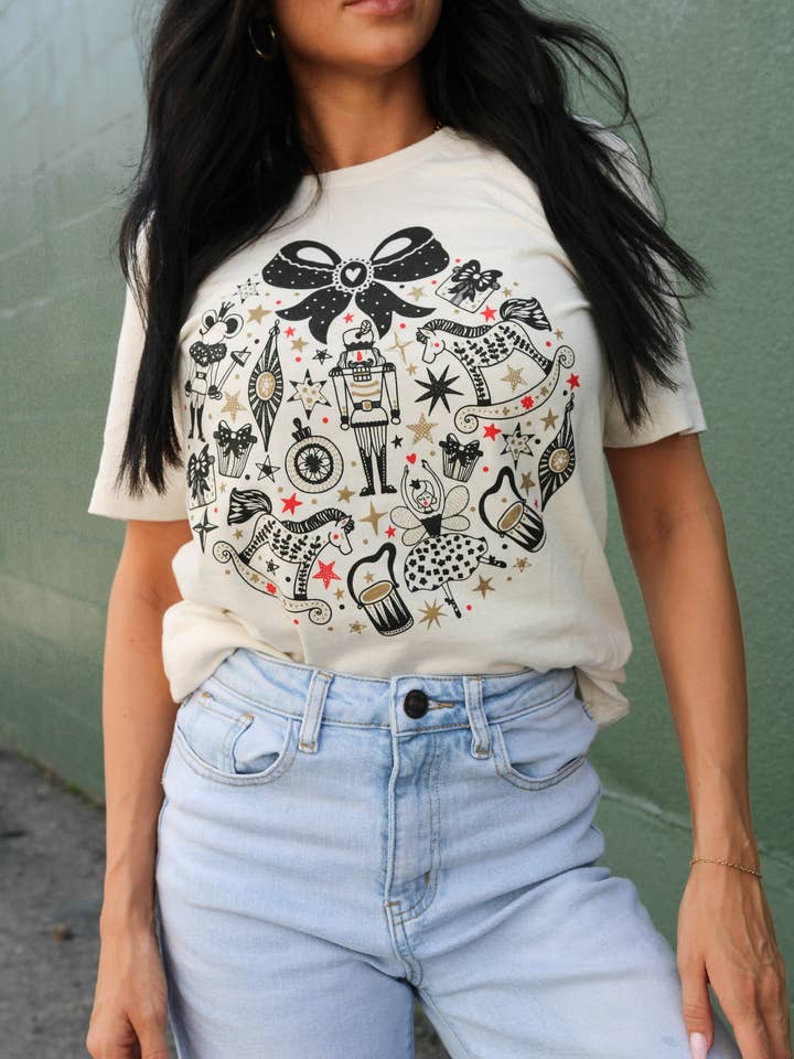 Small Town Society Apparel Co. - Wholesale Screen Printed T-Shirt - Women's - Nutcracker Christmas | Vintage White | Short Sleeve Tee