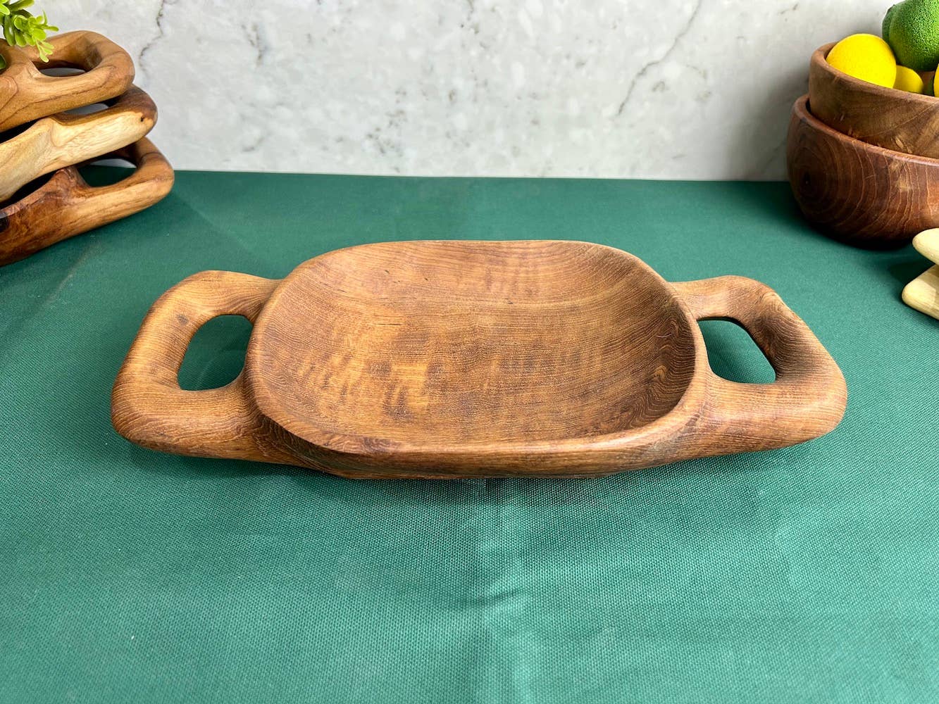 Tuckahoe Hardwoods – Engroshandel Pyntebakke – Rustikt teaktræsfad med håndtag - lille1