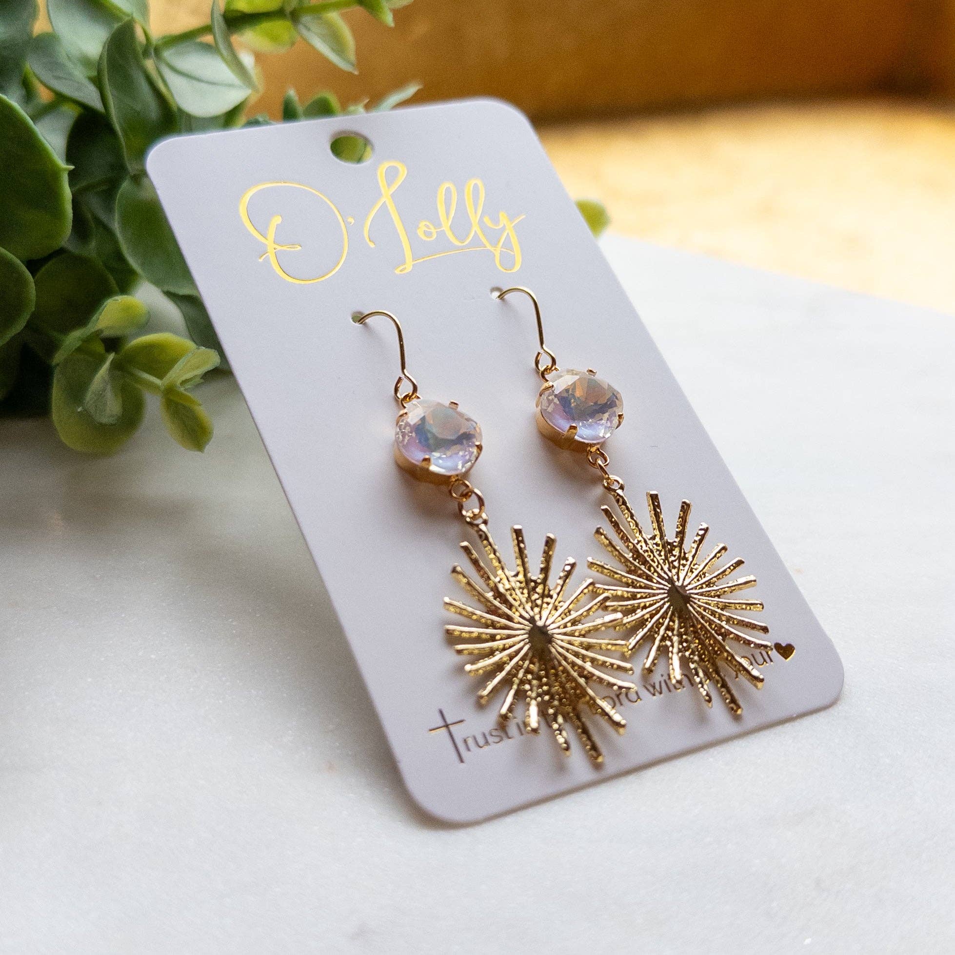 O’Lolly Jewelry - Wholesale Dangle Earrings - Gold Burst w/White Stone Earrings1