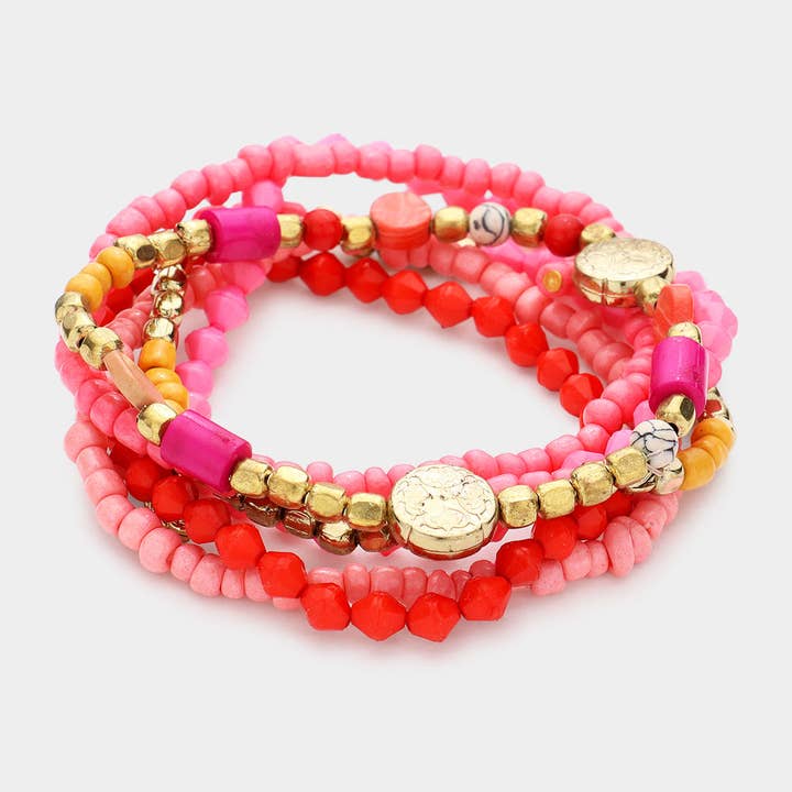 6PCS - Multi Layered Strand Bead Charm Stretch Bracelets for wholesale by Sensibling Corp.