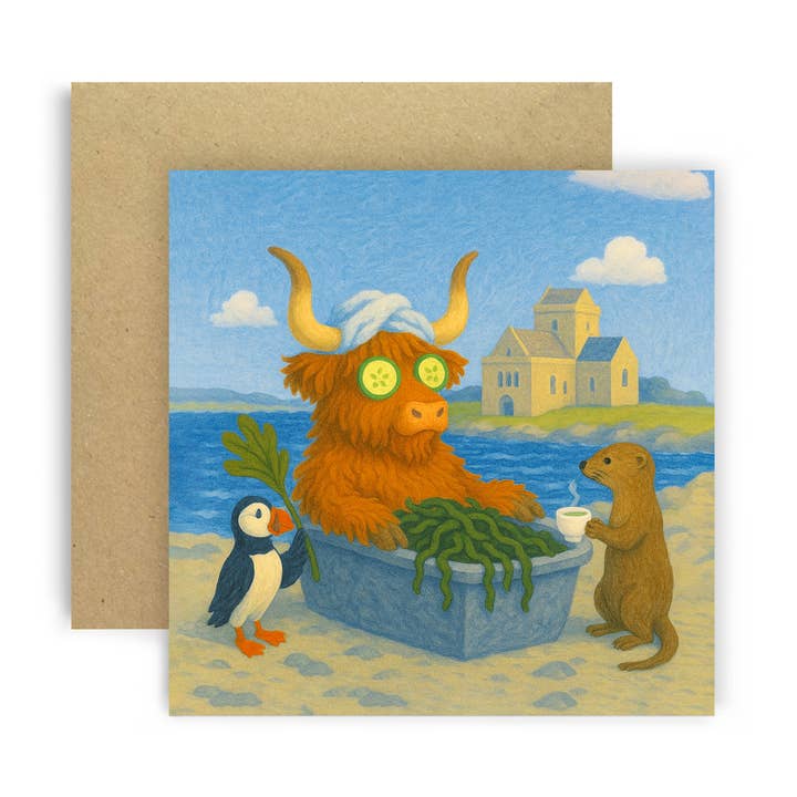 Cow Iona Abbey – Whimsical Card Scene for wholesale by Huxters