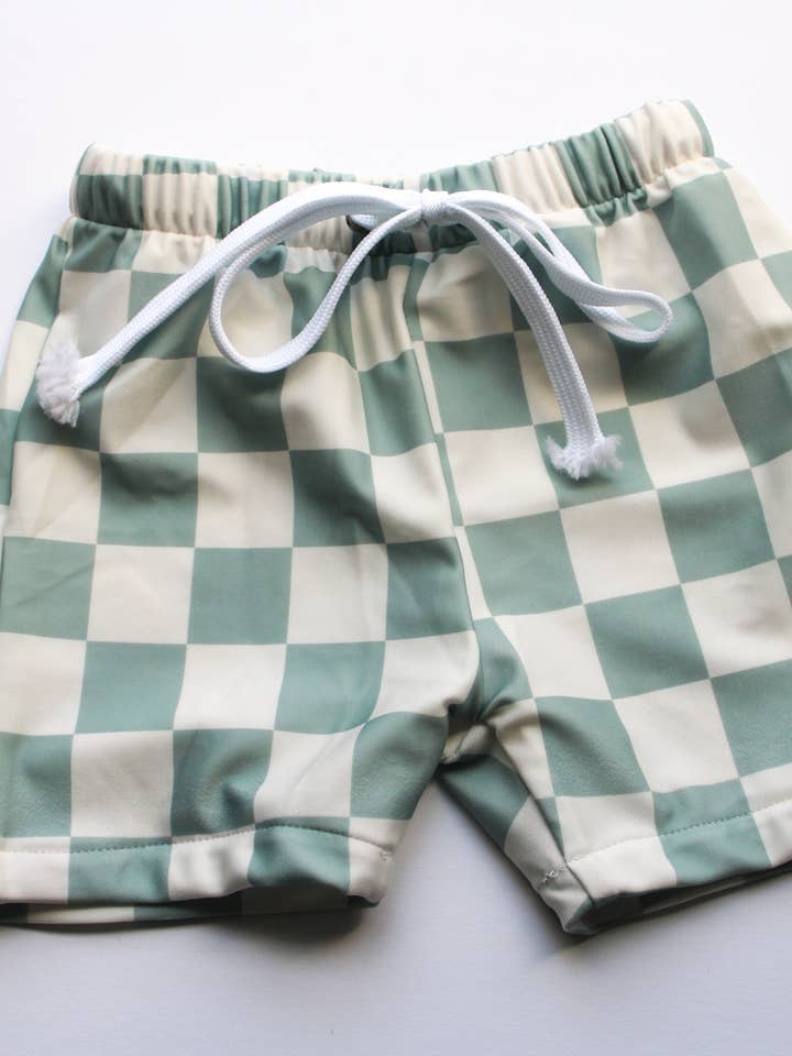 Swim Trunks- Sage Check for wholesale by RainbowBabe & Co
