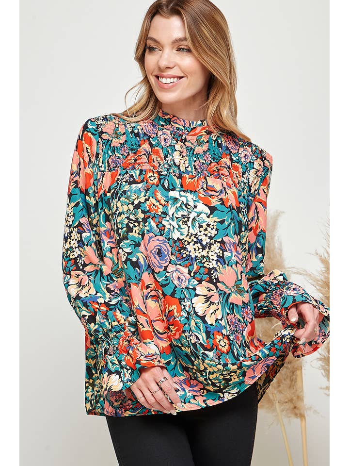 FLORAL PRINT PLEATED HIGH NECK PEASANT SLEEVE TOP for wholesale on Faire