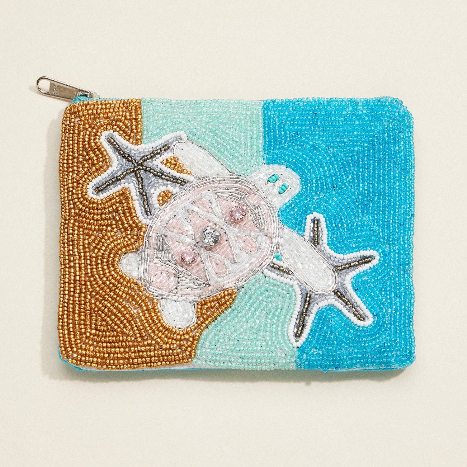 Blanc Porte-monnaie Tortue de Mer Perlée – Pochette Zippée à Thème Plage Océan avec Design Étoile de Mer & Sable pour Voyage & Usage Quotidien en vente sur Faire0