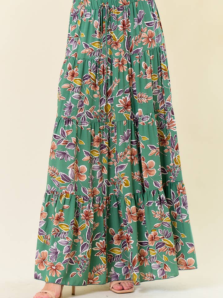 SS1147I GREEN FLORAL PRINT TIERED MAXI SKIRT for wholesale by Saints & Hearts