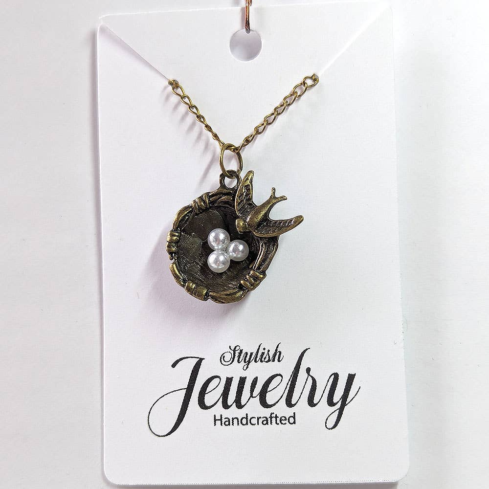 Stylish Jewelry Supply – Engroshandel Halskæde med vedhæng – Antik bronze halskæde med spurv, rede og fugleæg0